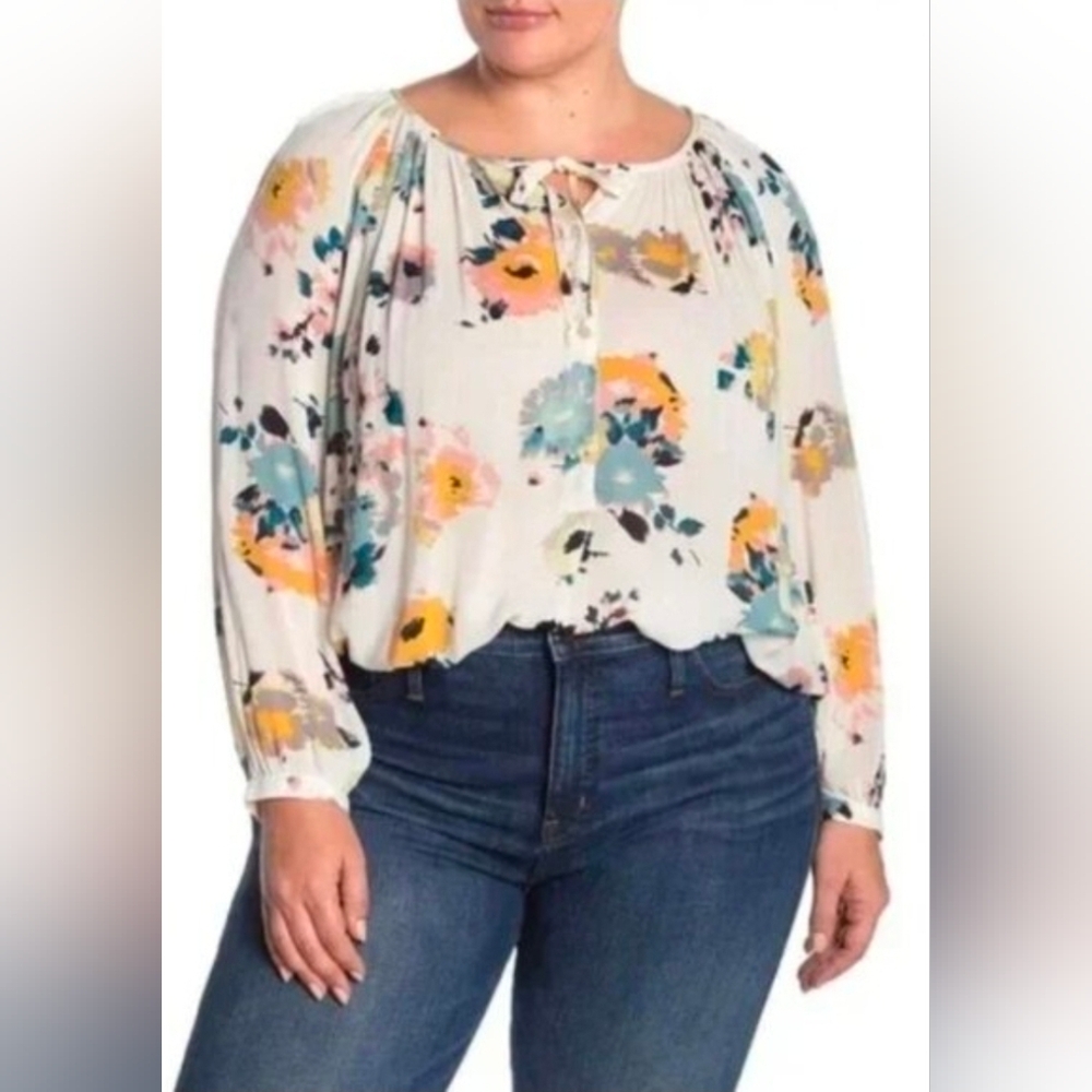 Lucky Brand Floral Boho Gauzy Peasant Long Sleeve Artsy Top sz 1X